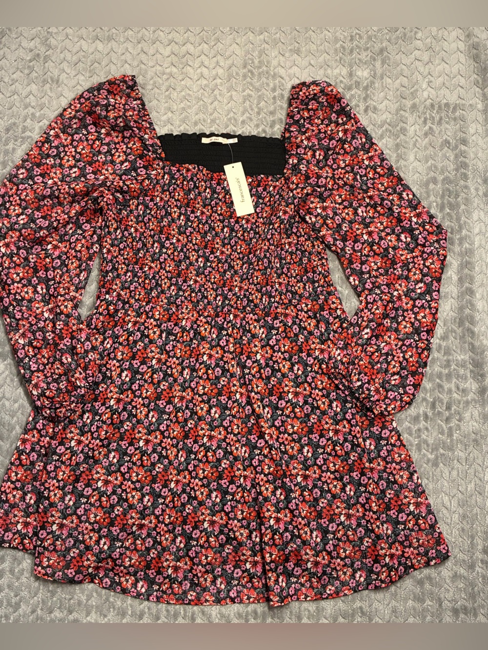 Francesca's Collections Black Floral Smocked Dress with Pink & Red Blooms